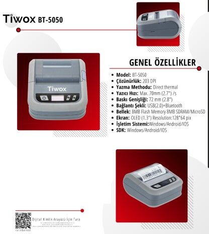 Tiwox BT-5050 Direkt Termal USB+BT 80mm Mobil Barkod Yazıcı