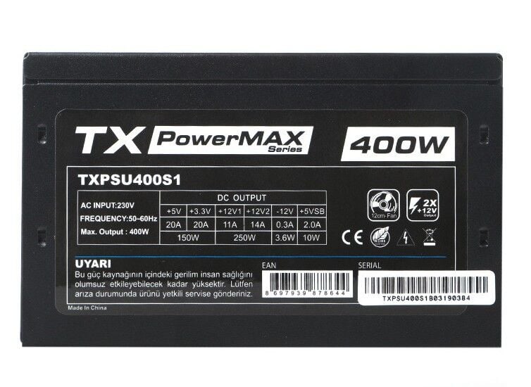 TX PowerMAX TXPSU400S1 400W 3xSATA, 3xIDE 6Pin PCI-E Güç Kaynağı