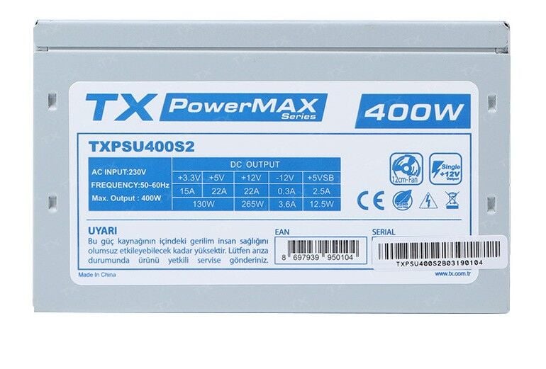TX PowerMAX TXPSU400S2 400W 3xSATA, 3xIDE 6Pin PCI-E Güç Kaynağı