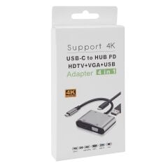 Hytech HY-USBC22 4 in 1 Type C to, PD+HDMI+VGA+USB3.0 Çevirici Hub Adaptör